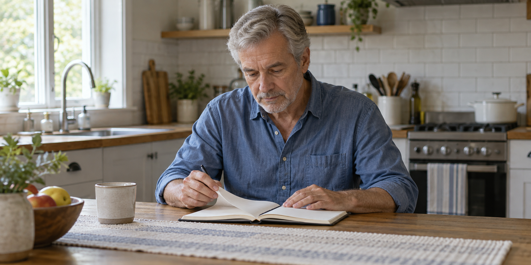 A man reviewing a notebook at his kitchen table at home